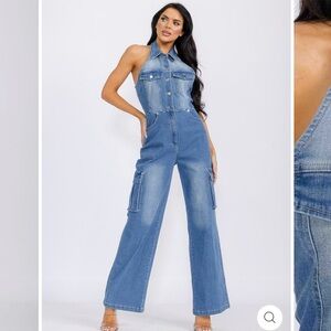 349. SLEEVELESS HALTER NECK POCKETS DENIM WASHED WIDE LEG JUMPSUIT Blue Denim